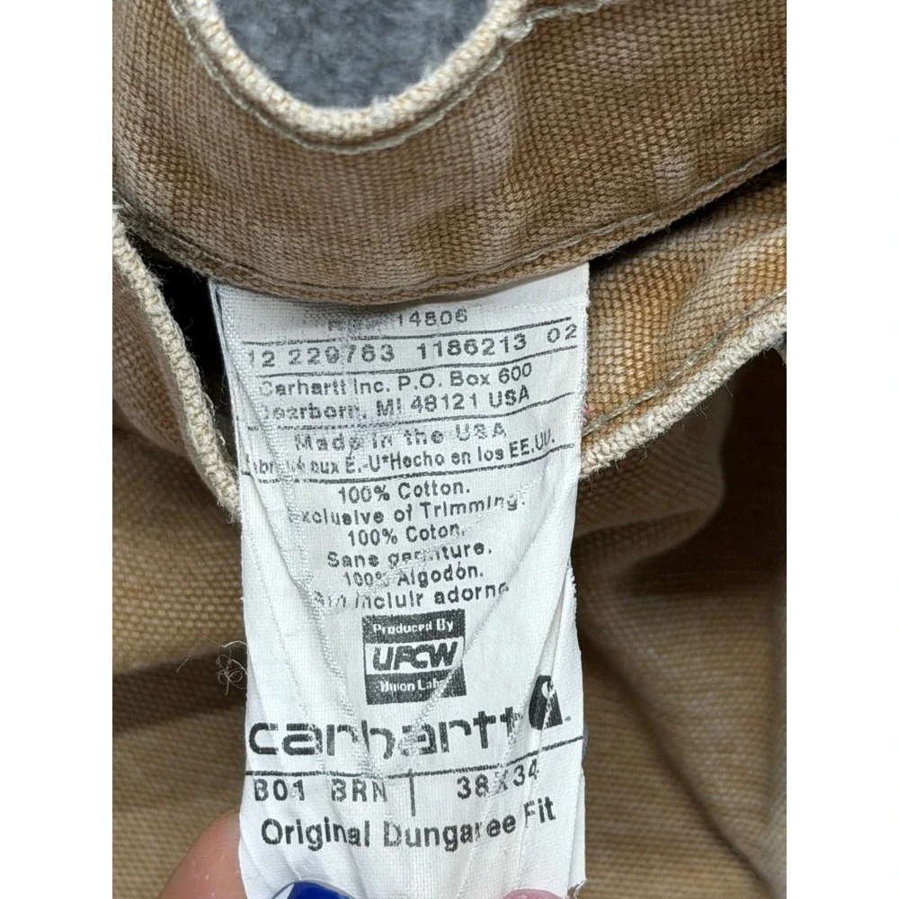 Carhartt B01 BRN Double Front Logger Dungaree Pants Brown UFCW Made in USA 38x34